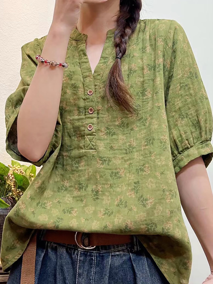 Camicia ampia con bottoni floreali artistici estivi da donna
