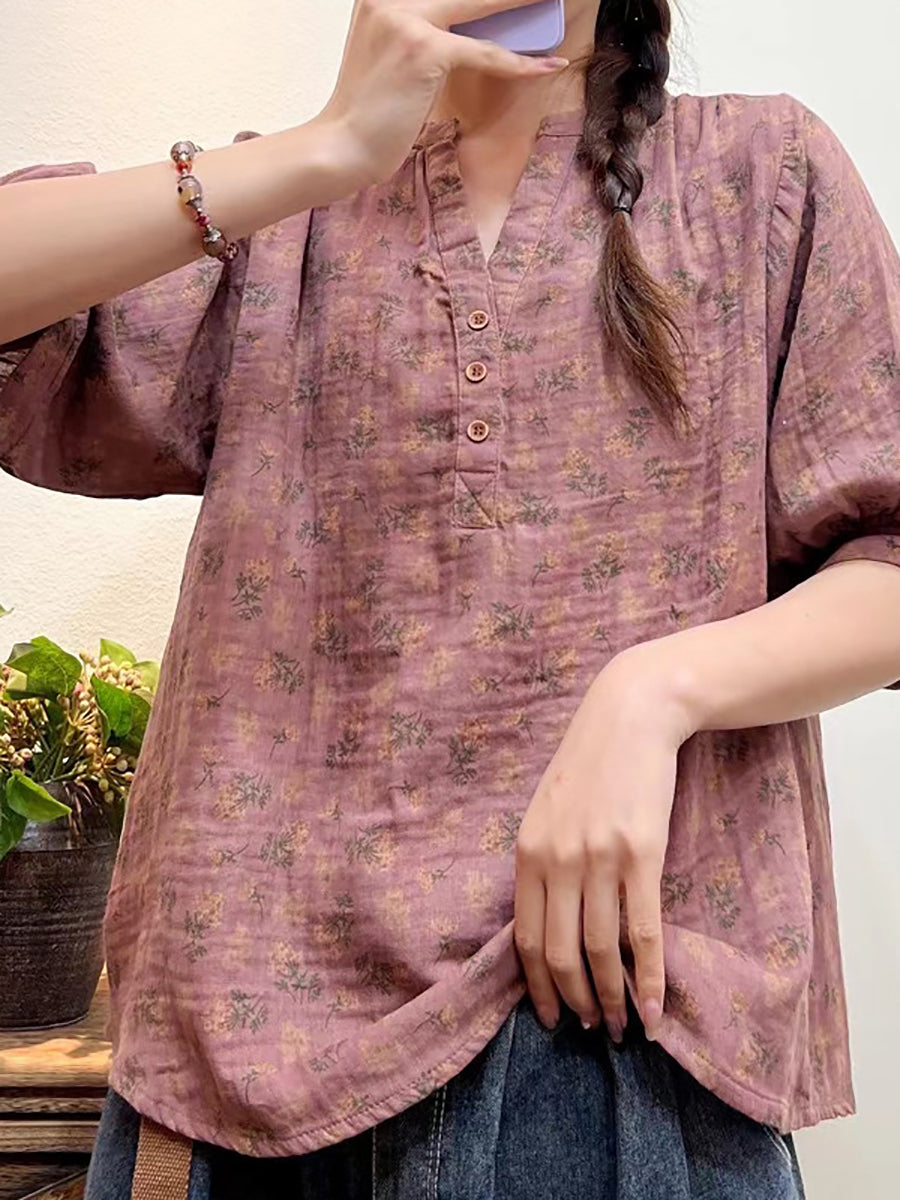 Camicia ampia con bottoni floreali artistici estivi da donna