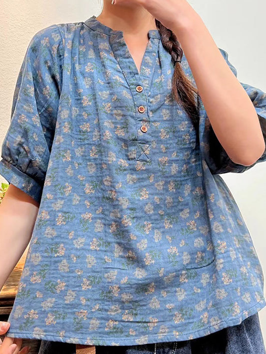 Camicia ampia con bottoni floreali artistici estivi da donna
