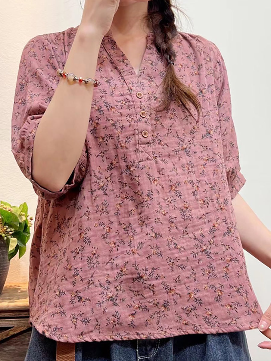 Camicia ampia con bottoni floreali artistici estivi da donna