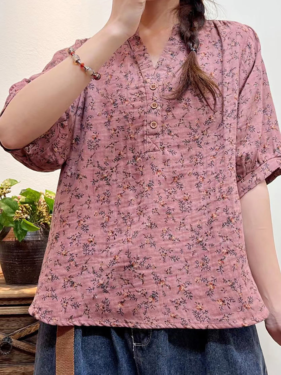 Camicia ampia con bottoni floreali artistici estivi da donna