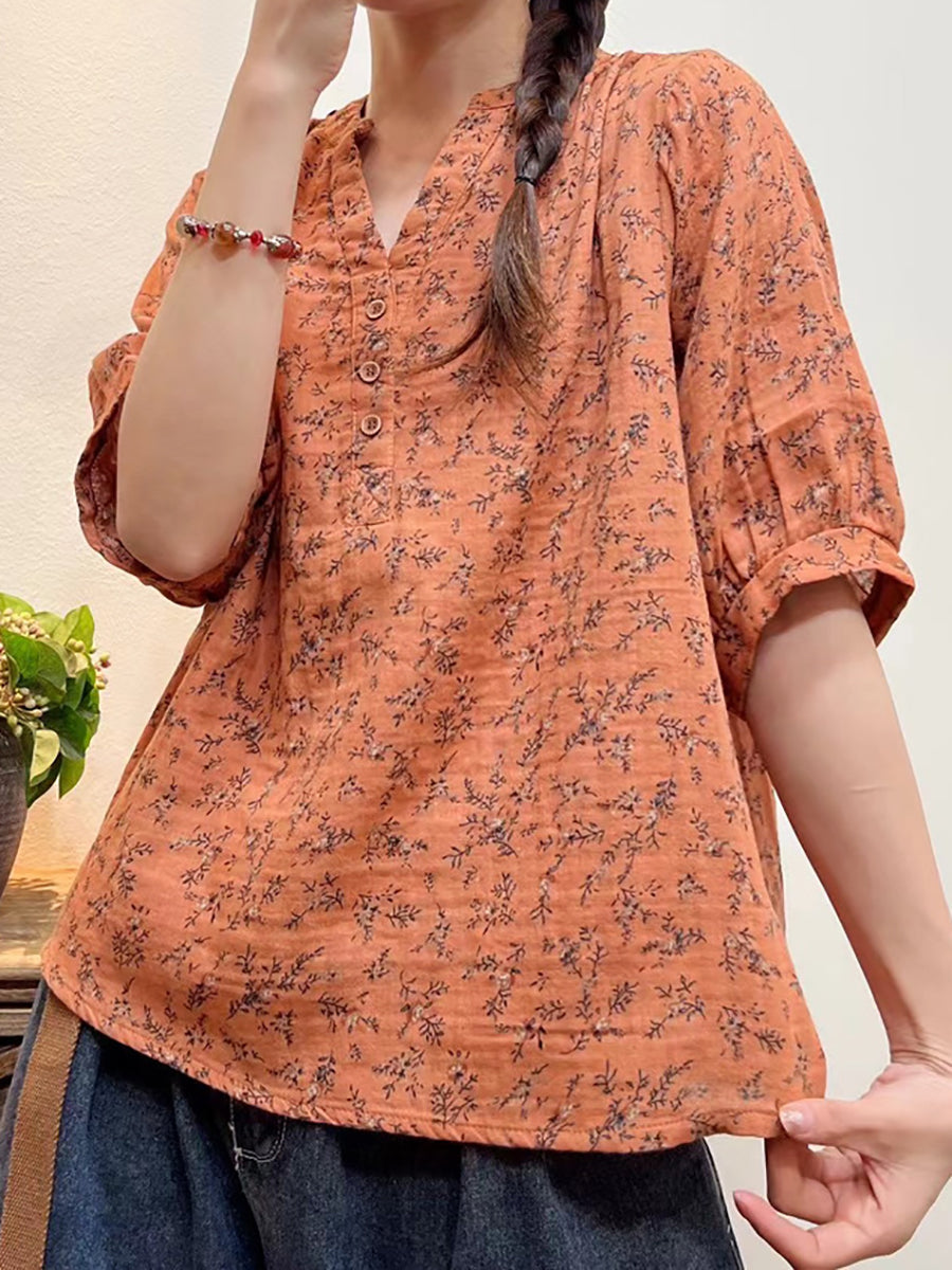 Camicia ampia con bottoni floreali artistici estivi da donna