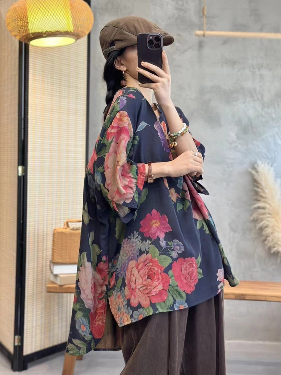 Maglione largo con bottoni a forma di fiore, casual, estivo, da donna