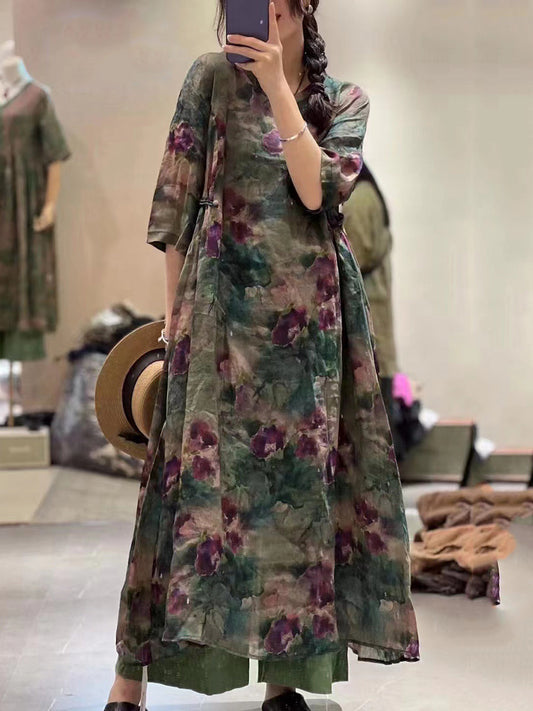 Abito da donna retrò con fiori drappeggiati e orlo largo in ramiè