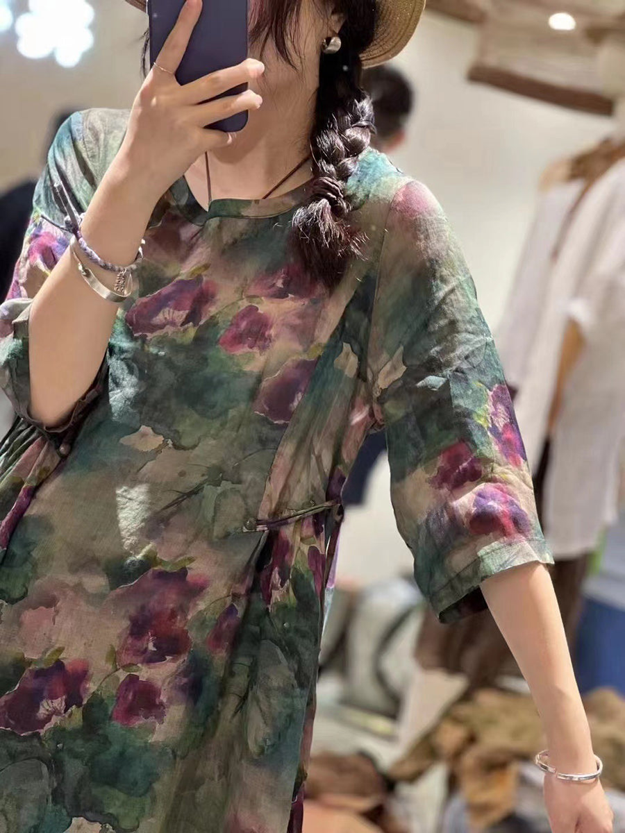 Abito da donna retrò con fiori drappeggiati e orlo largo in ramiè