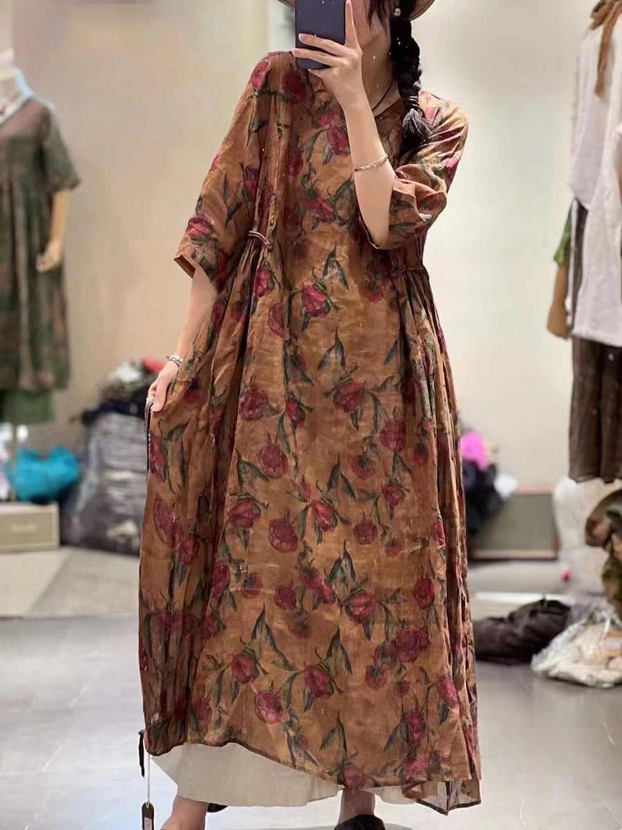 Abito da donna retrò con fiori drappeggiati e orlo largo in ramiè