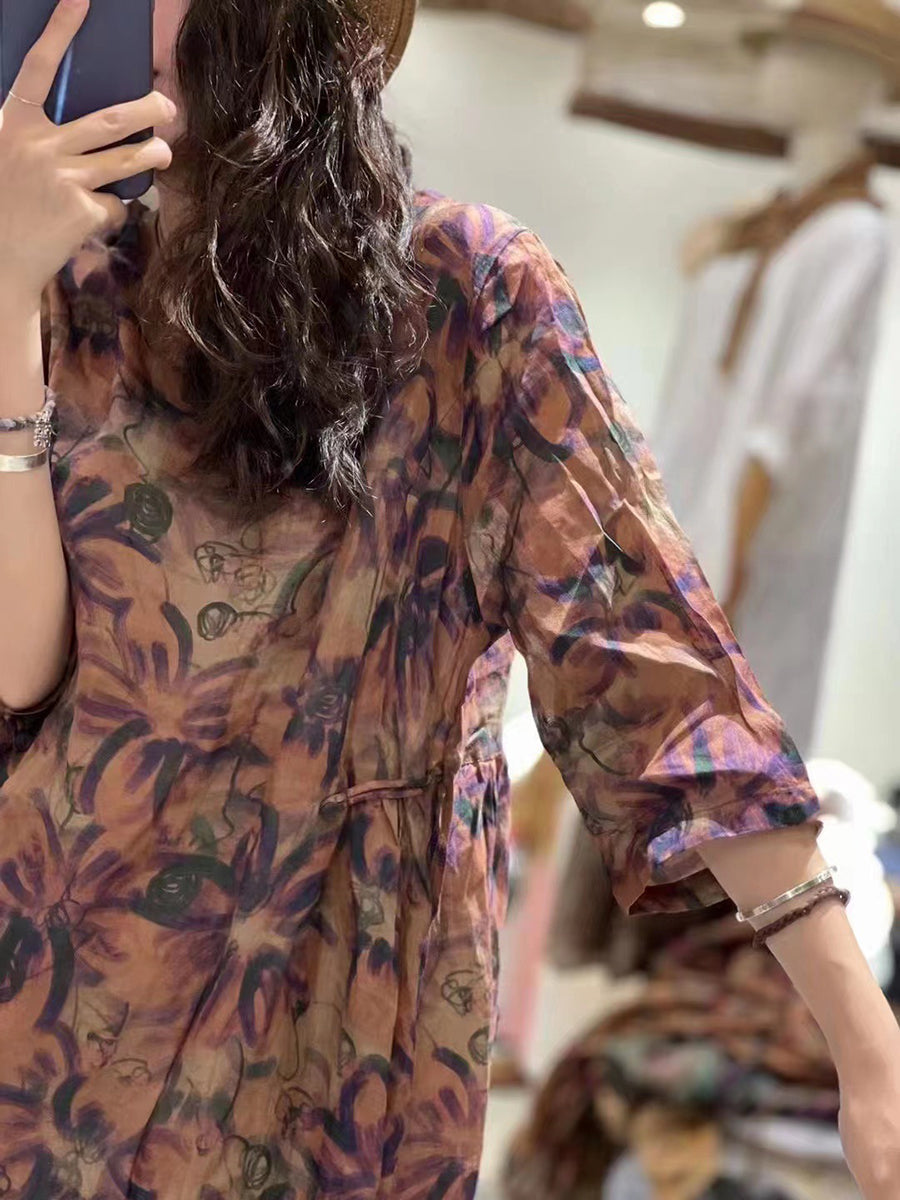 Abito da donna retrò con fiori drappeggiati e orlo largo in ramiè