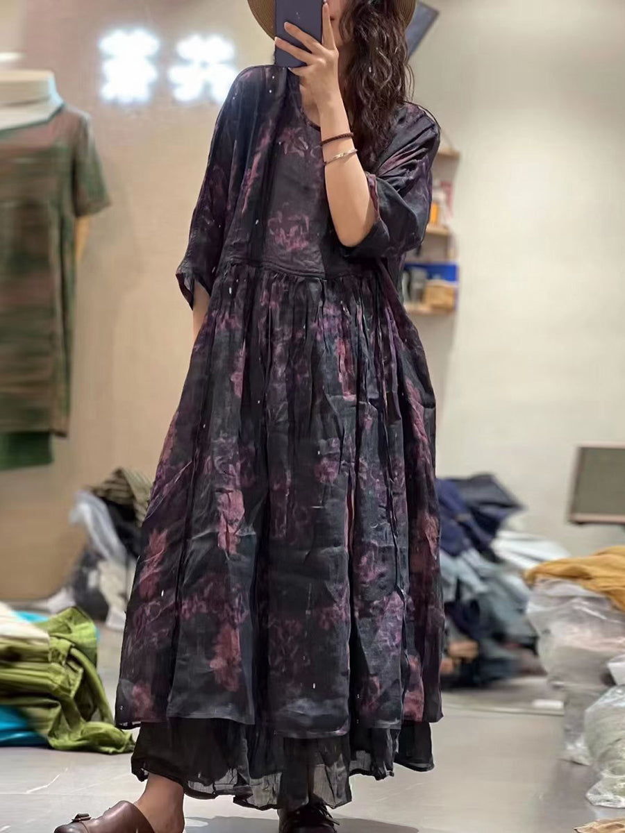 Vestito estivo da donna in ramiè con stampa a pieghe e cuciture larghe