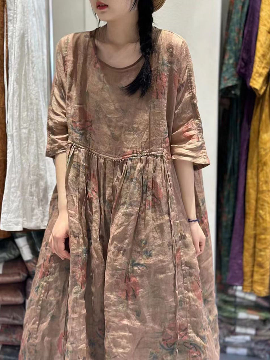 Vestito estivo da donna in ramiè con stampa a pieghe e cuciture larghe