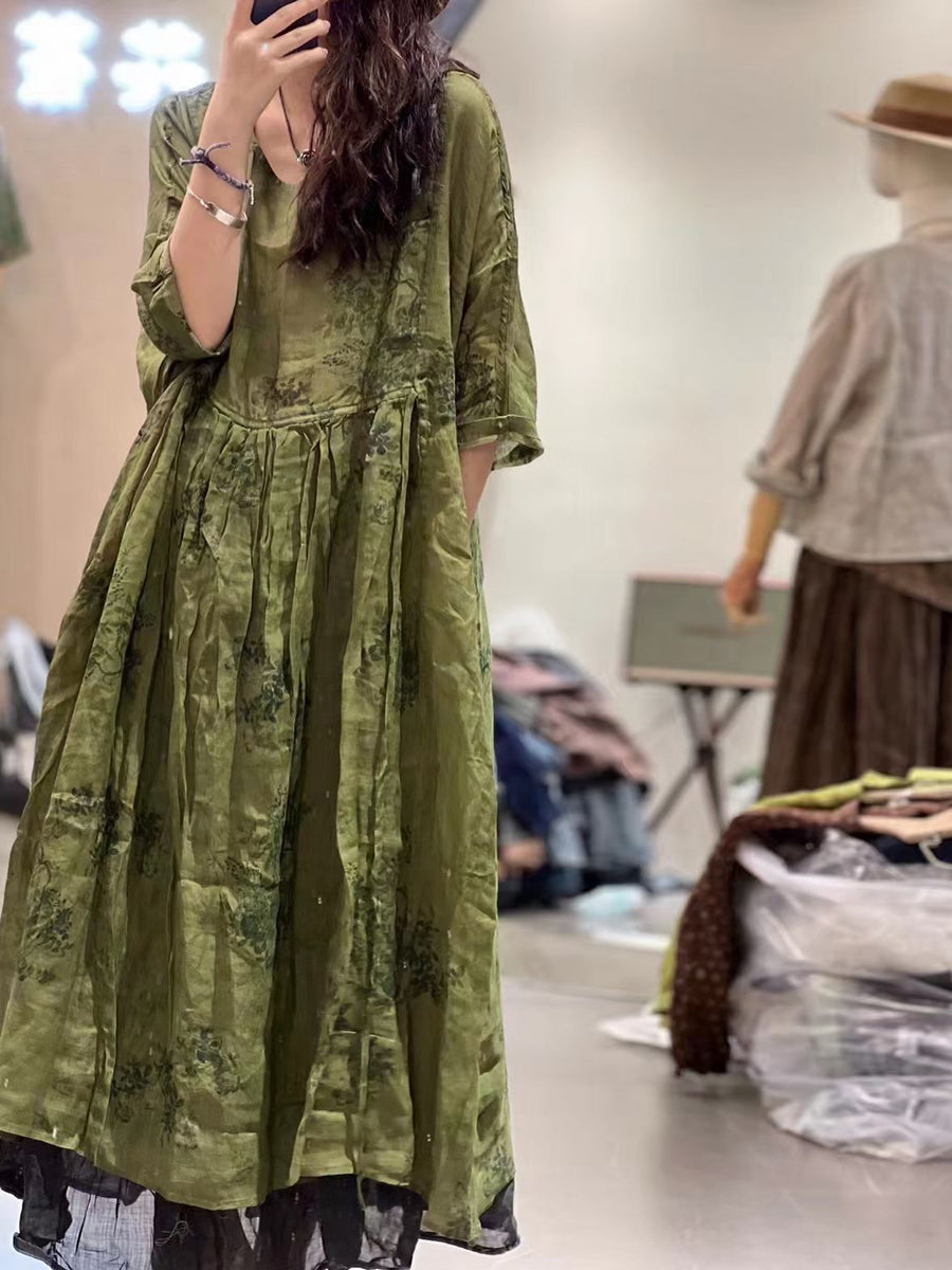 Vestito estivo da donna in ramiè con stampa a pieghe e cuciture larghe
