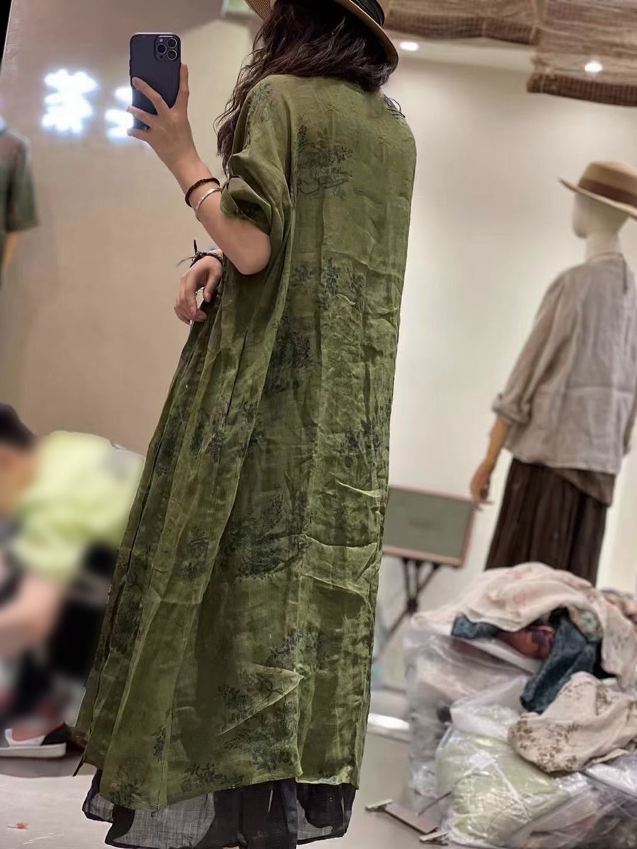 Vestito estivo da donna in ramiè con stampa a pieghe e cuciture larghe