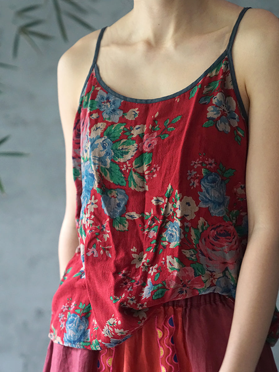 Gilet estivo in cotone con stampa floreale etnica da donna, colorblock