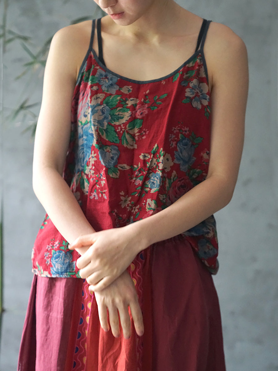 Gilet estivo in cotone con stampa floreale etnica da donna, colorblock