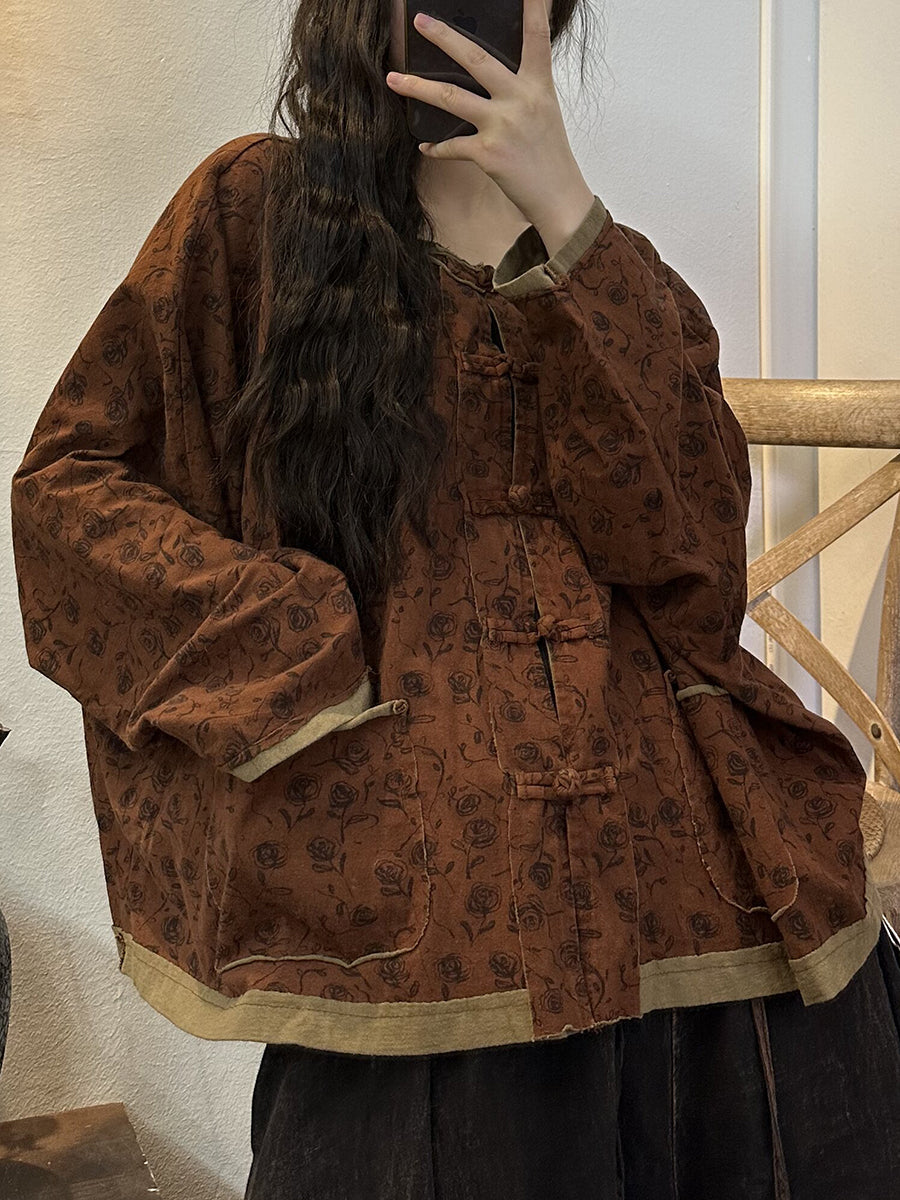 Camicia da donna vintage con bottoni e tasca con stampa floreale