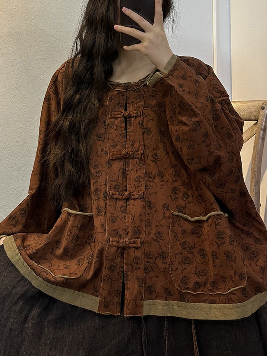 Camicia da donna vintage con bottoni e tasca con stampa floreale