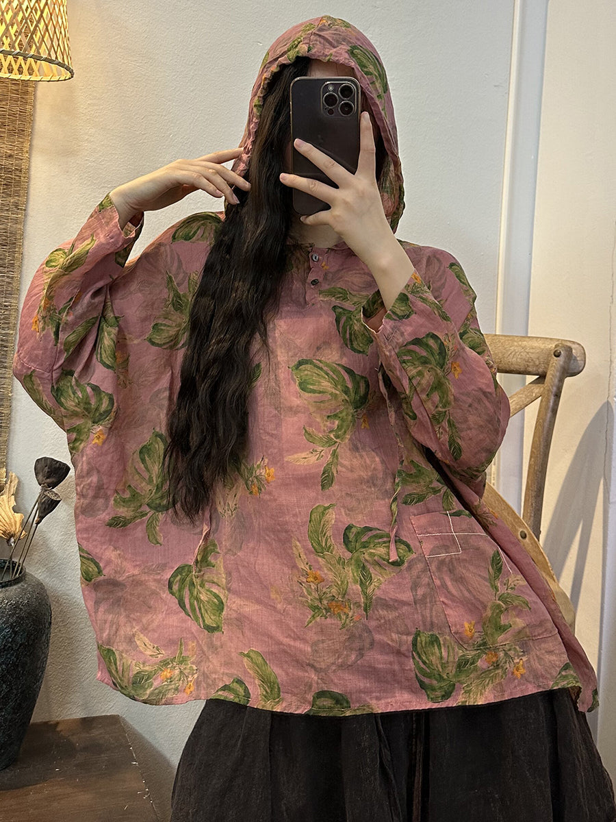 Women Retro Flower Button Drawstring Hooded Shirt