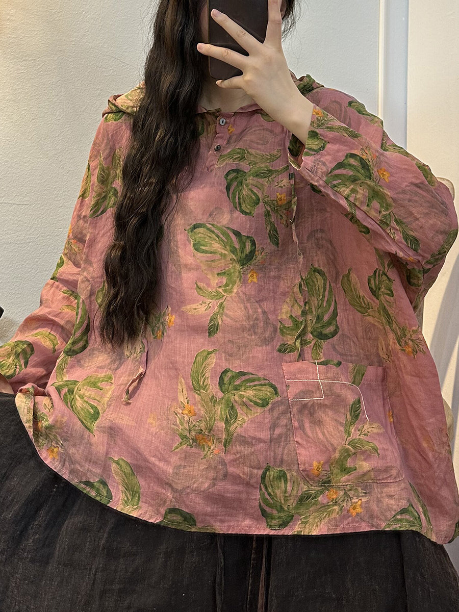 Women Retro Flower Button Drawstring Hooded Shirt