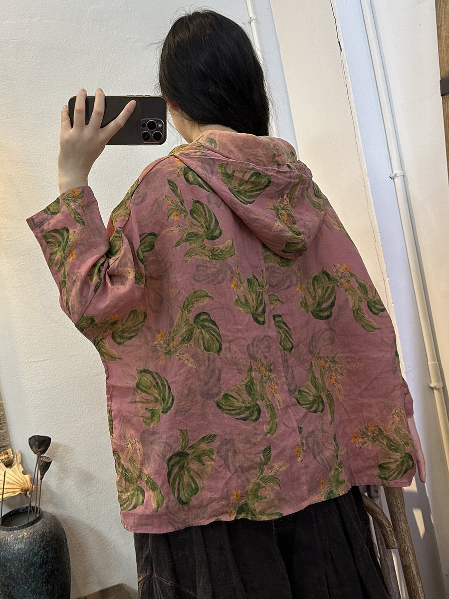 Women Retro Flower Button Drawstring Hooded Shirt