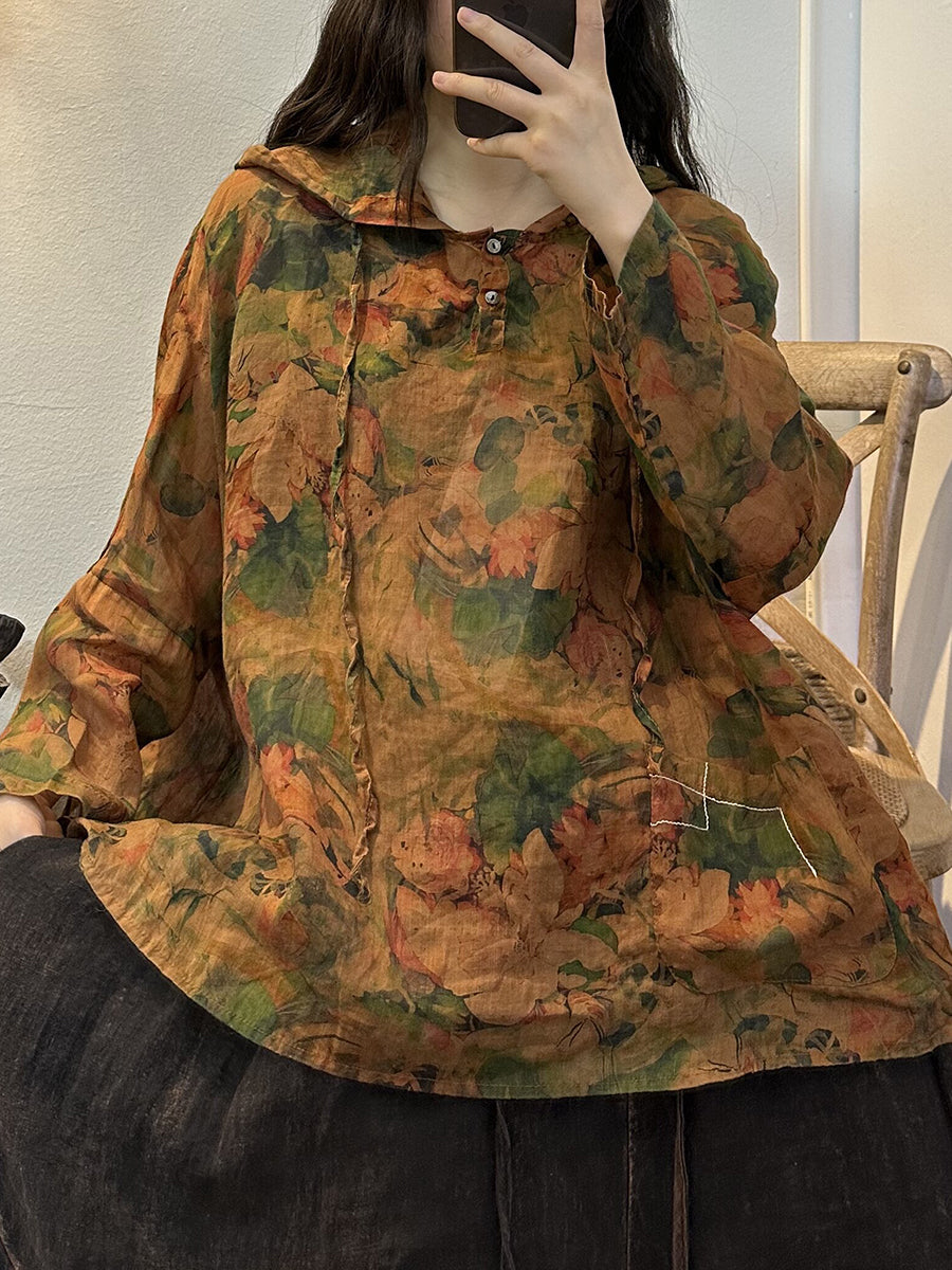 Women Retro Flower Button Drawstring Hooded Shirt
