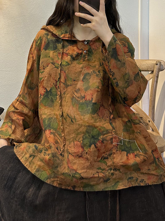 Women Retro Flower Button Drawstring Hooded Shirt