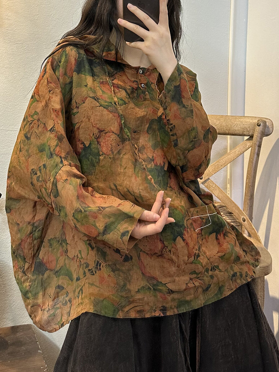 Women Retro Flower Button Drawstring Hooded Shirt