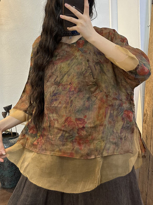 Camicia da donna con bottoni a forma di fiore vintage