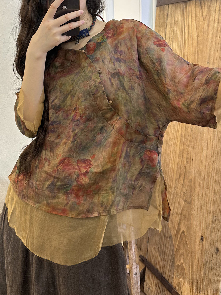 Camicia da donna con bottoni a forma di fiore vintage
