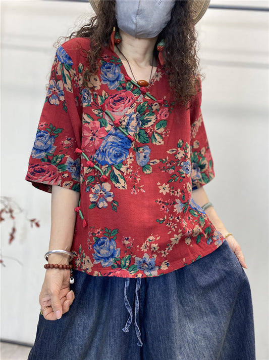 Camicia da donna estiva retrò con fiori in cotone largo
