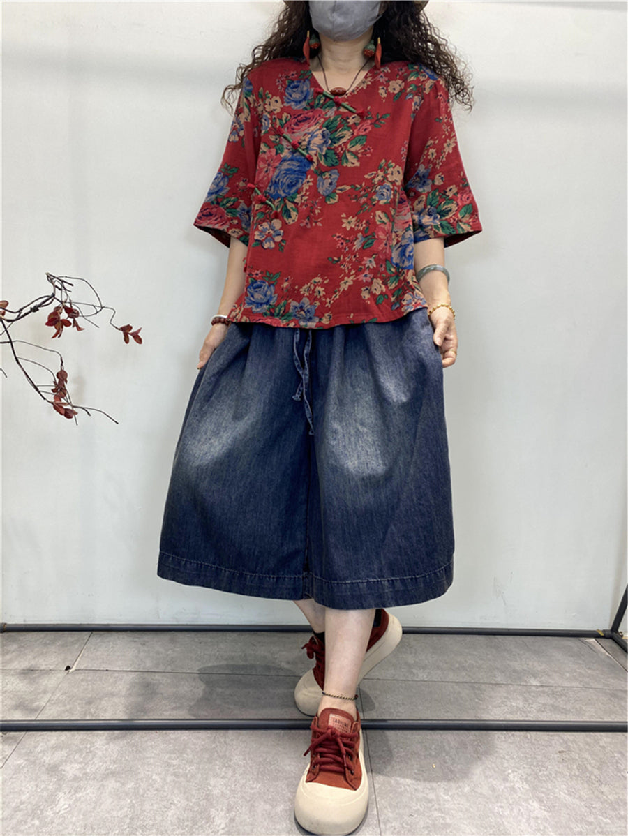 Camicia da donna estiva retrò con fiori in cotone largo