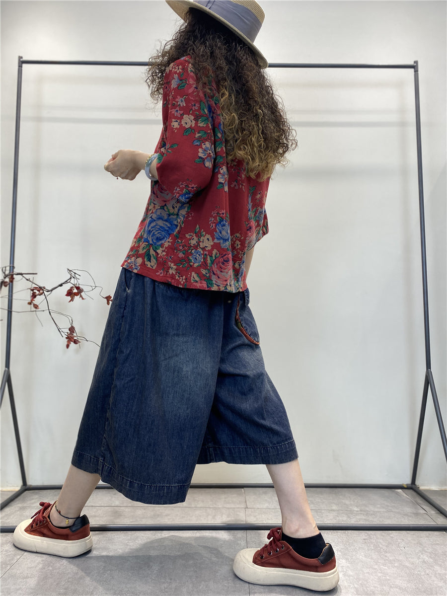 Camicia da donna estiva retrò con fiori in cotone largo