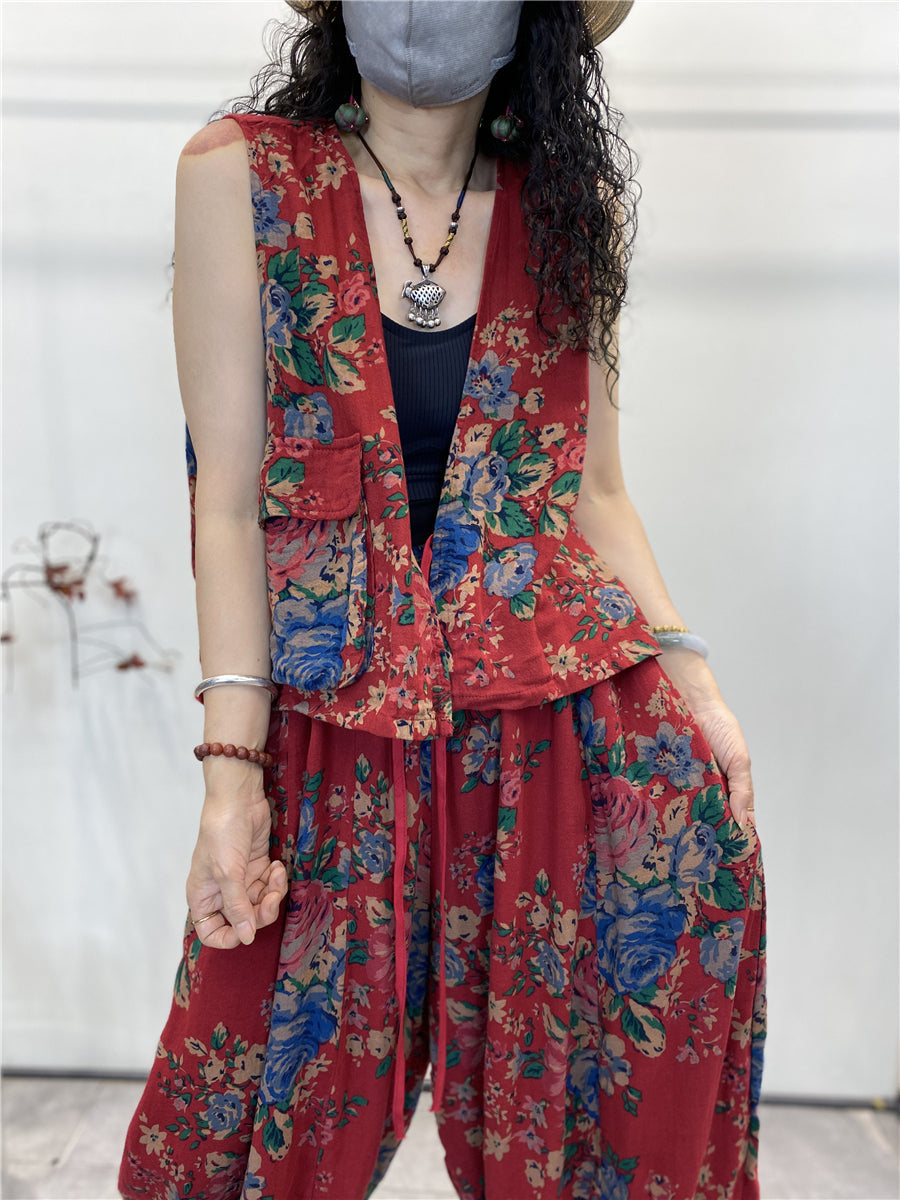 Women Summer Vintage Floral Pocket Cotton Vest