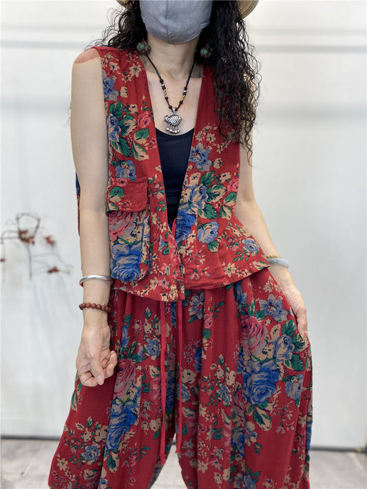 Gilet d'été en coton à poches florales vintage pour femmes