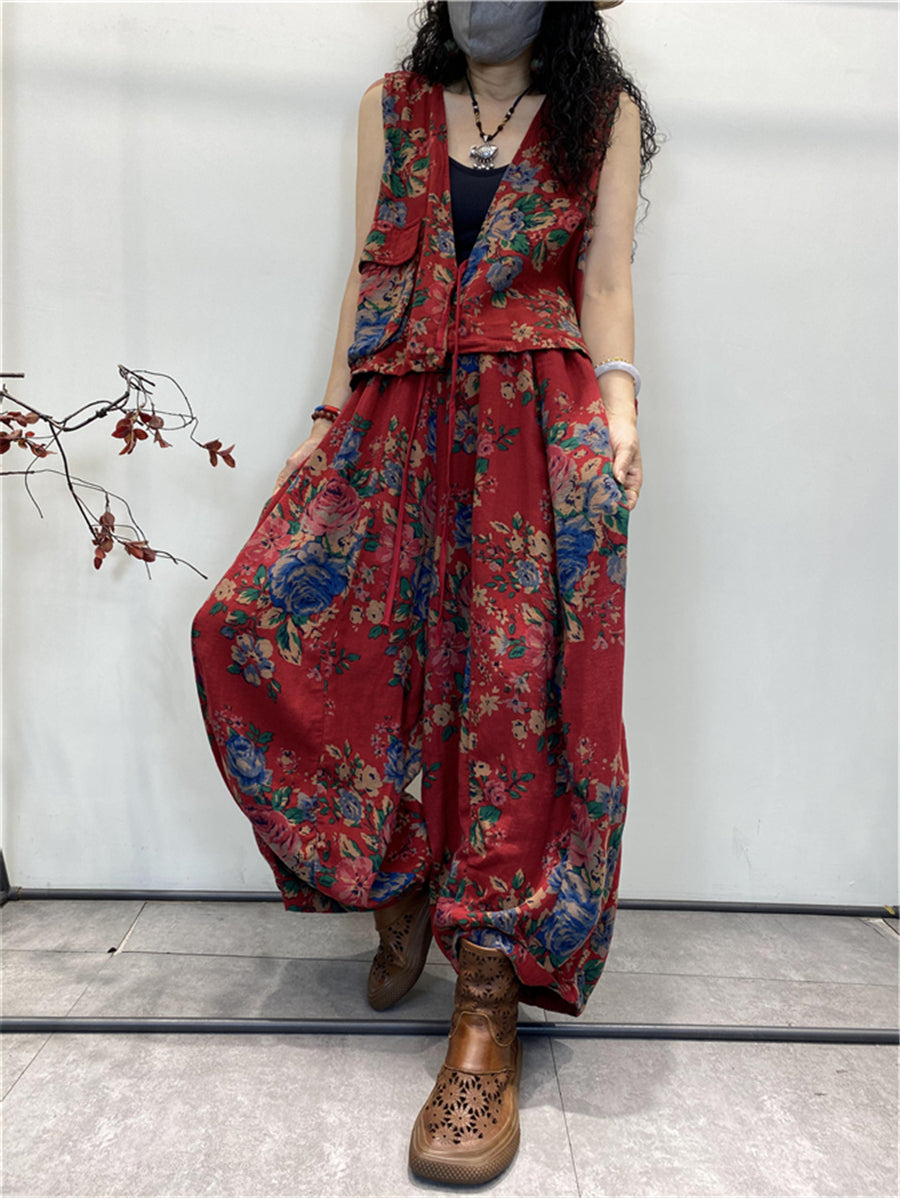 Women Summer Vintage Floral Pocket Cotton Vest