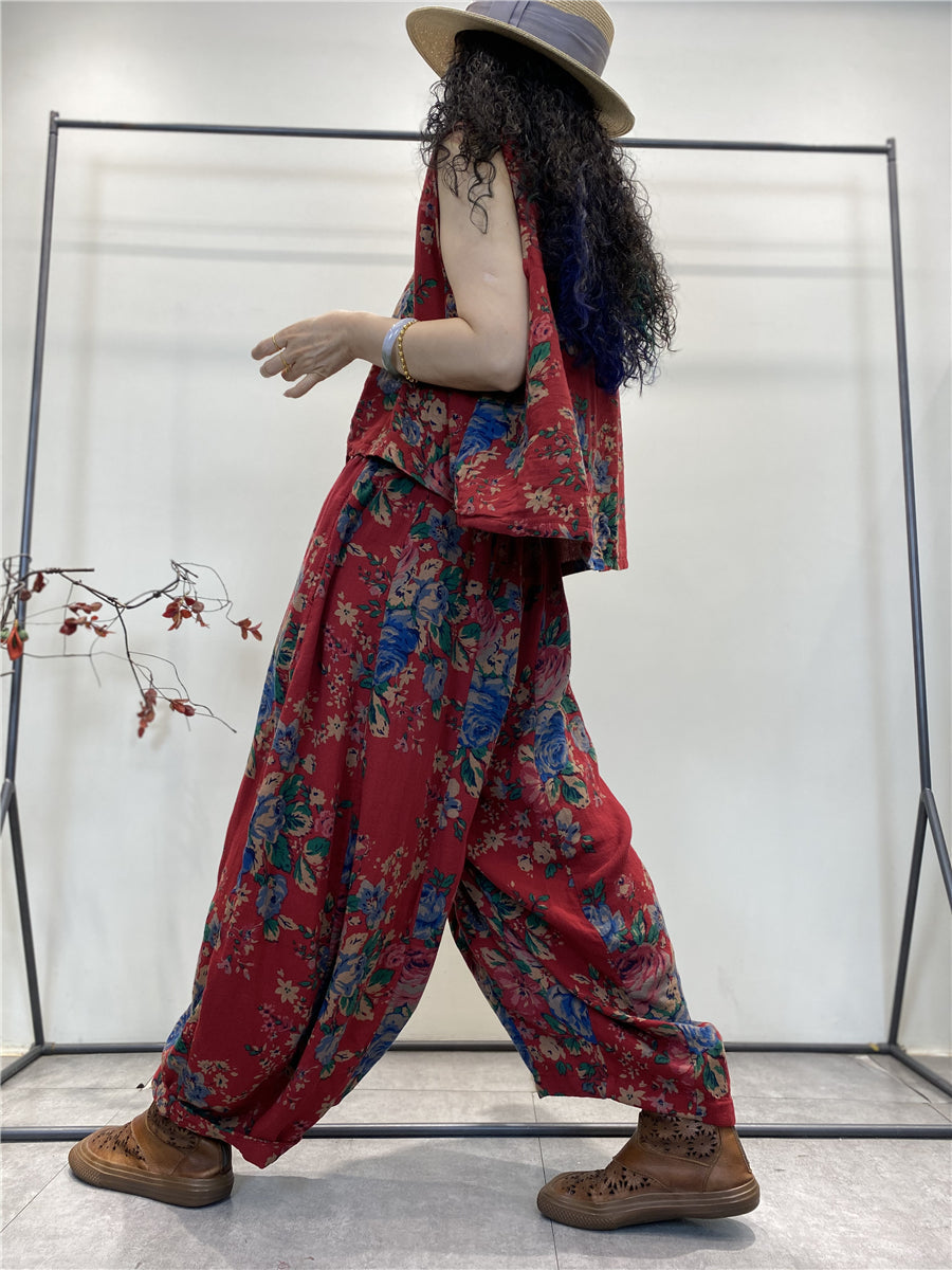 Women Summer Vintage Floral Pocket Cotton Vest