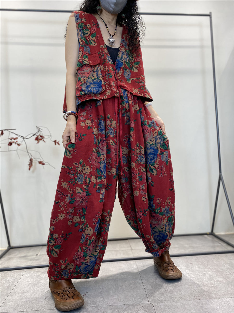 Women Summer Vintage Floral Pocket Cotton Vest