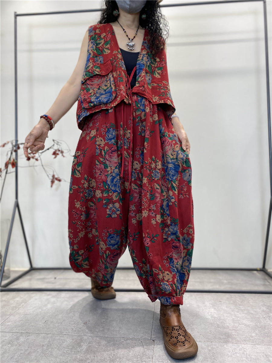 Women Summer Vintage Floral Pocket Cotton Vest