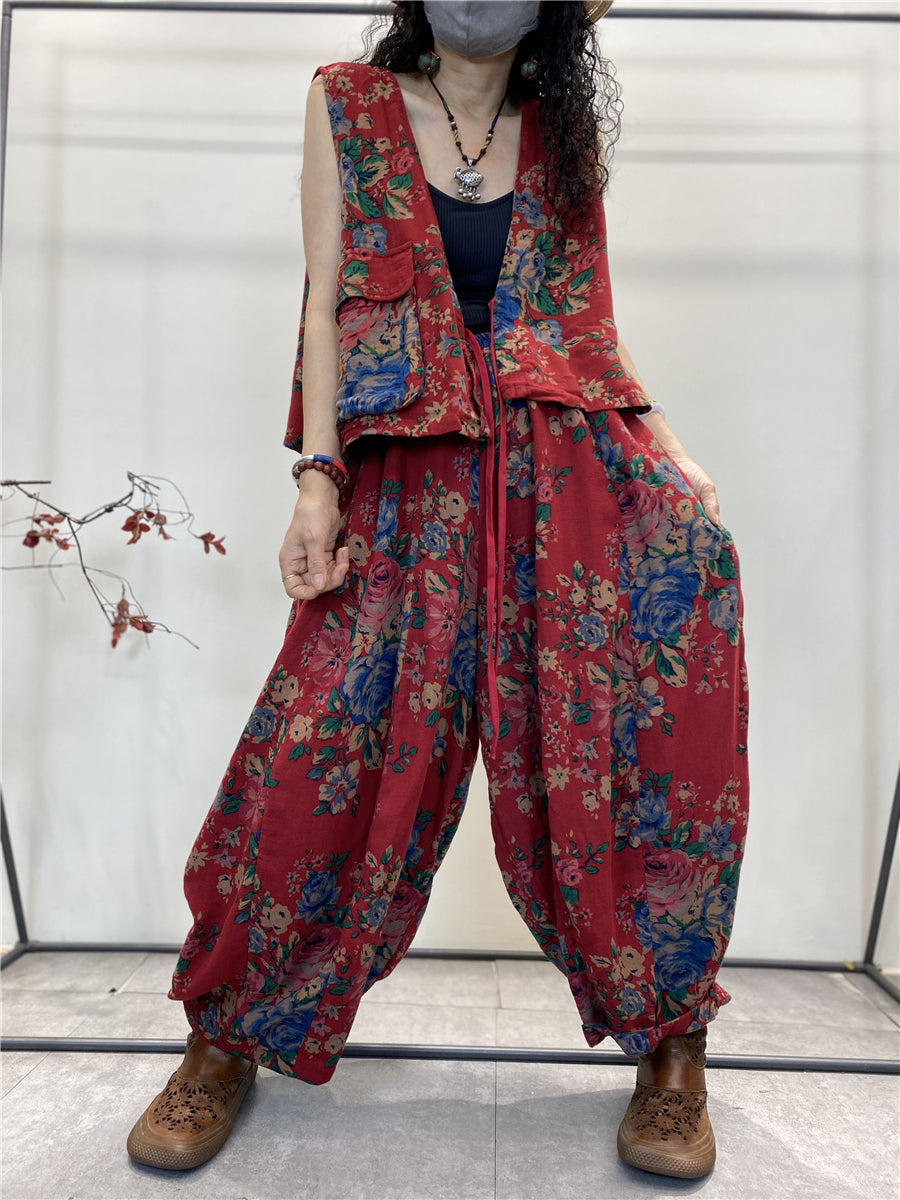 Women Summer Vintage Floral Pocket Cotton Vest