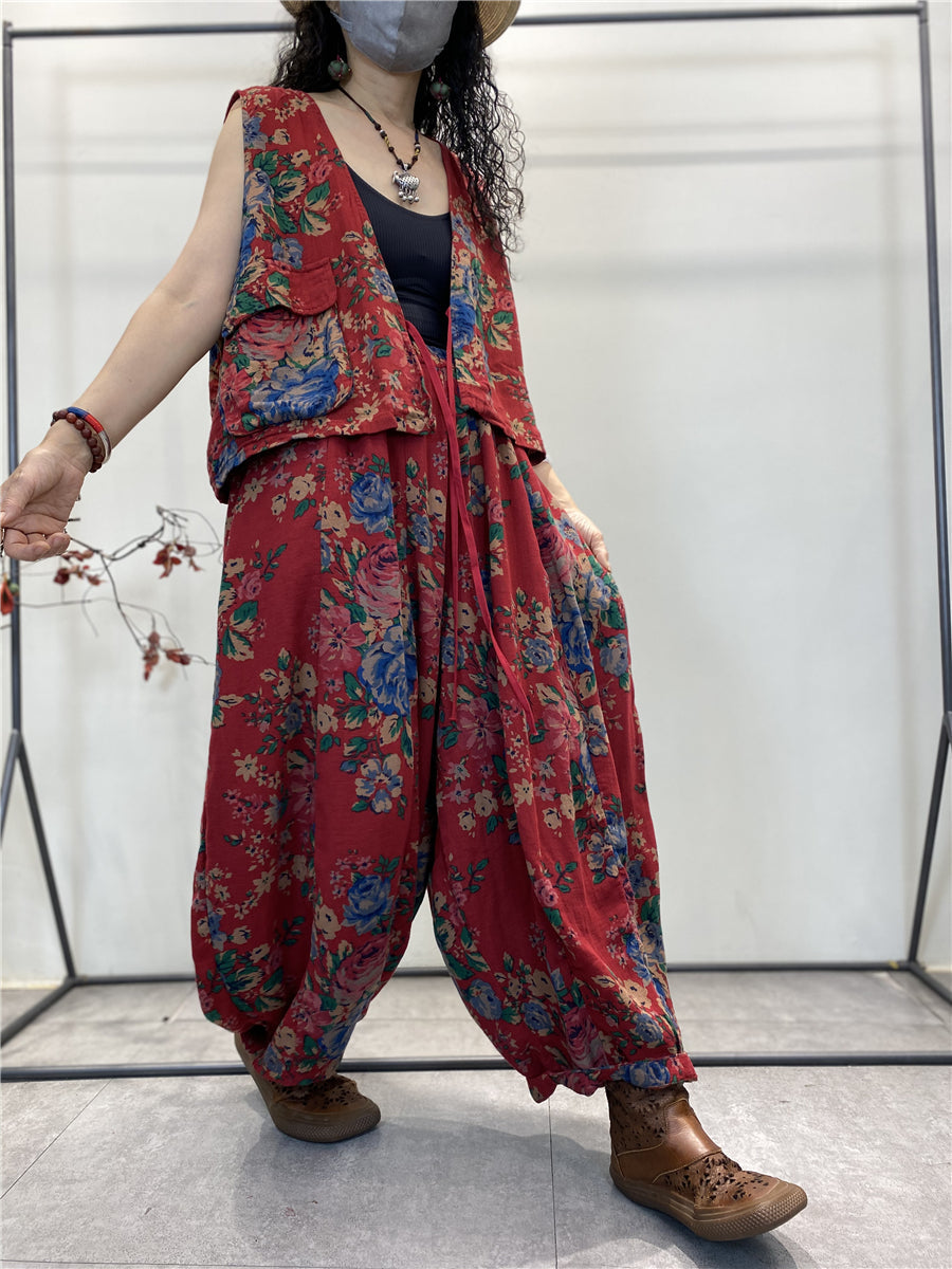 Women Summer Vintage Floral Pocket Cotton Vest