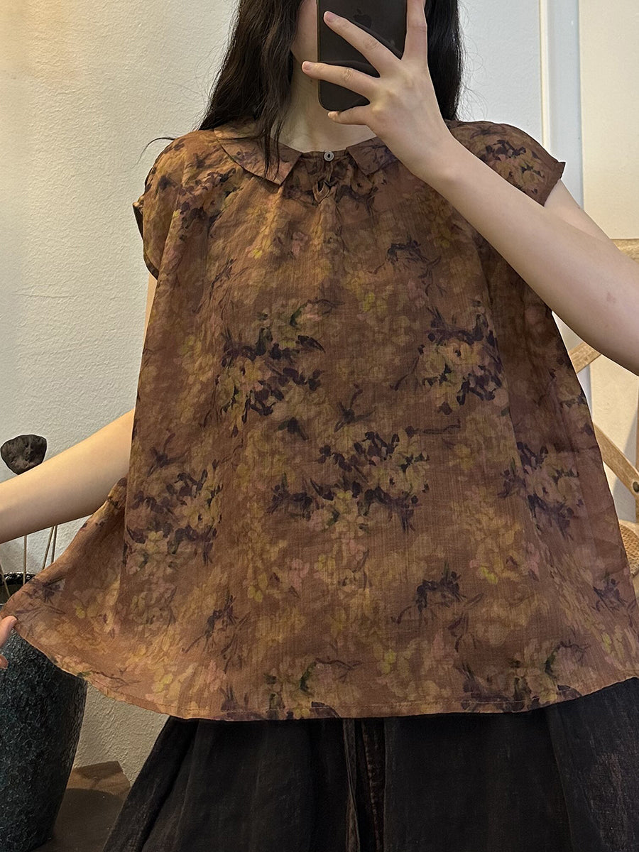 Camicia vintage estiva da donna con bottoni a forma di fiore in ramiè