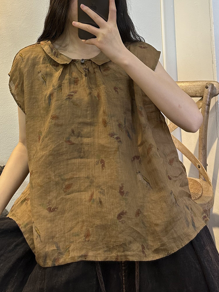 Camicia vintage estiva da donna con bottoni a forma di fiore in ramiè