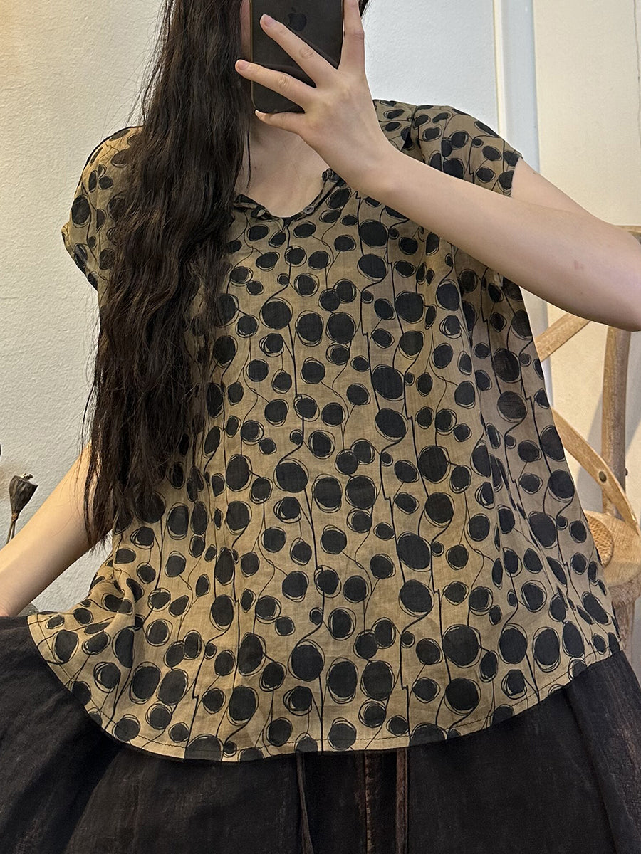 Camicia vintage estiva da donna con bottoni a forma di fiore in ramiè