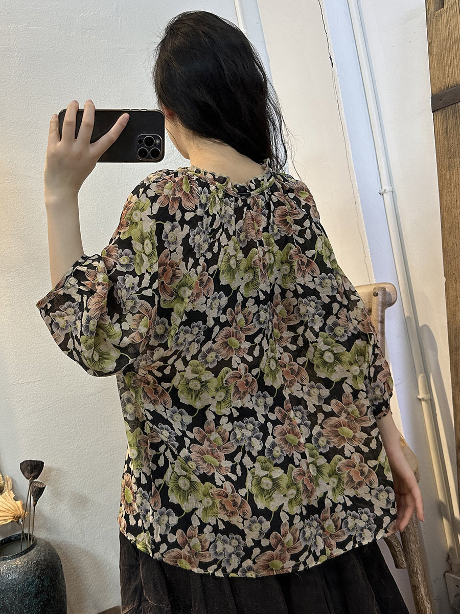 Camicia sottile con coulisse e fiori estivi vintage da donna
