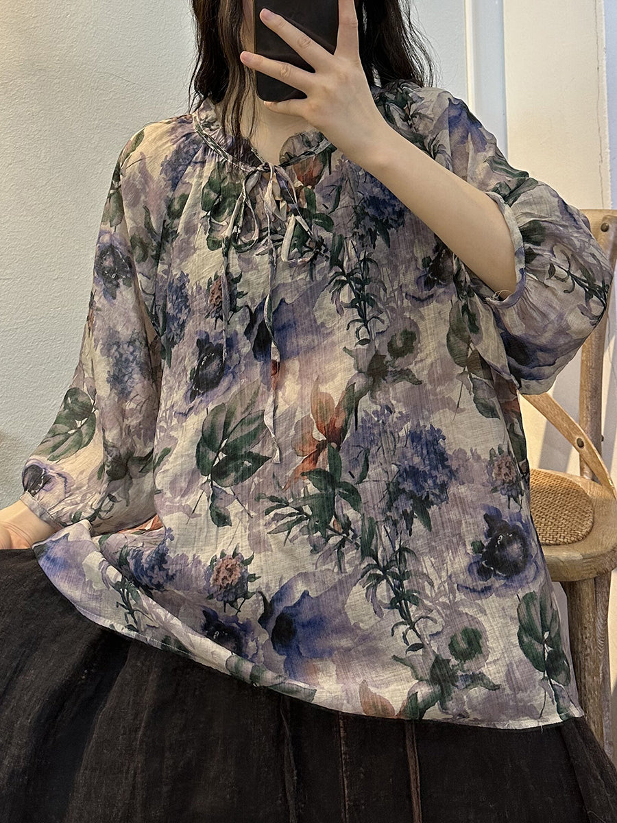Camicia sottile con coulisse e fiori estivi vintage da donna