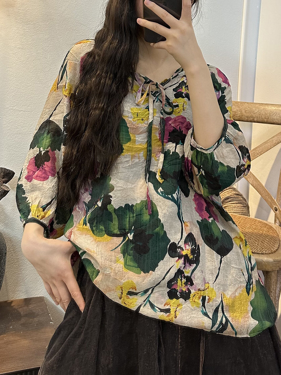 Camicia sottile con coulisse e fiori estivi vintage da donna