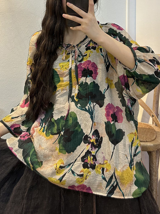Camicia sottile con coulisse e fiori estivi vintage da donna