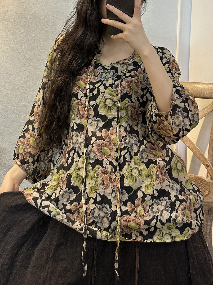 Camicia sottile con coulisse e fiori estivi vintage da donna