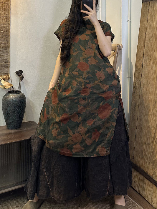 Abito da donna estivo vintage floreale con orlo diviso in ramiè