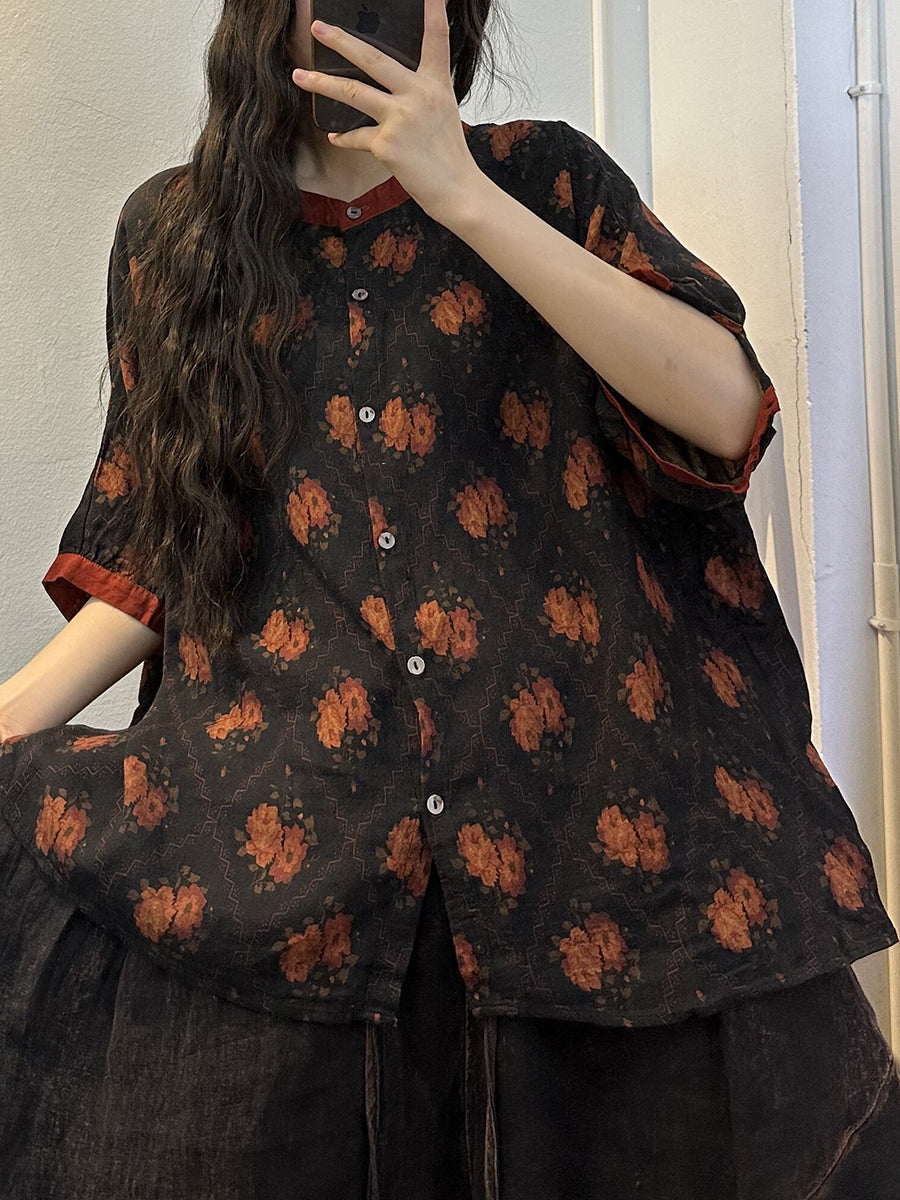 Camicia da donna estiva vintage in cotone con bottoni uniti