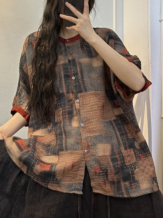 Camicia da donna estiva vintage in cotone con bottoni uniti