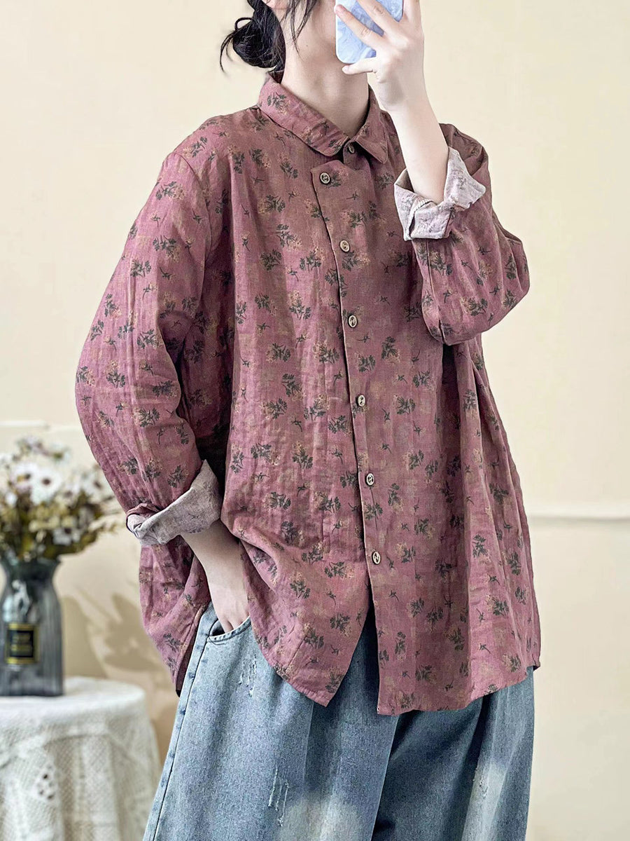 Chemise à manches longues à imprimé floral vintage pour femme